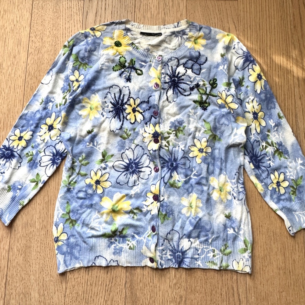 Blue Yellow Flower Print Cardigan w. Beading Size S - Picture 2 of 9